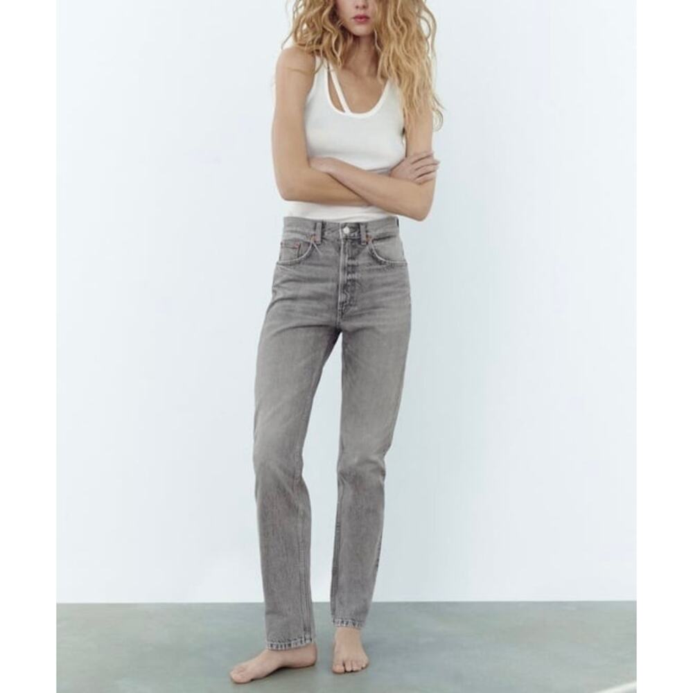 ZARA High Rise Straight Fit Jeans Womens 6 28 Gray Rigid Non-stretch 5 Pocket